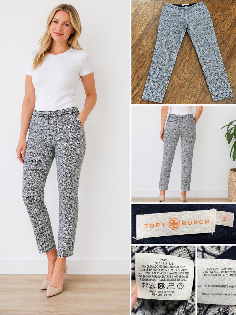 Tory Burch Heidi slim-fit stretch jacquard pants in a navy blue/white geometric